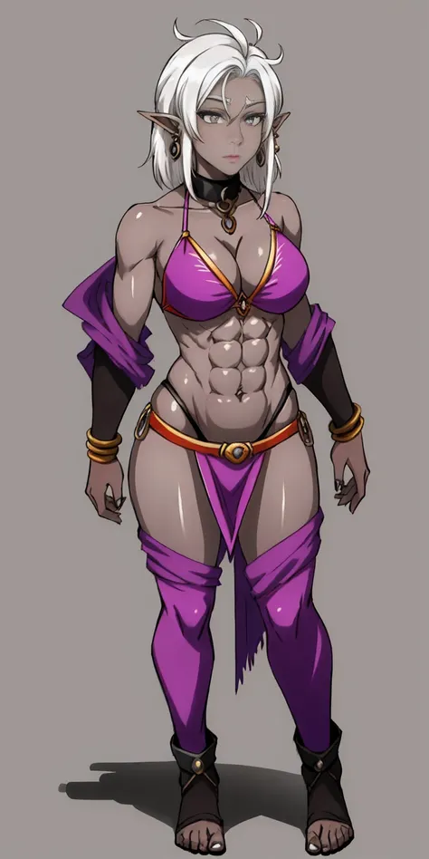 Appearance
Gender: Female
Age: Mature
Race: Drow (elf with dark skin and white hair)
Height: Full-body
Skin: Gray
Skin: Gray
Background: Plain Gray
Eyes: Purple
Attire: Bikini, revealing abdominal muscles
Accessories: Large earrings, ragged rags, chain nec...