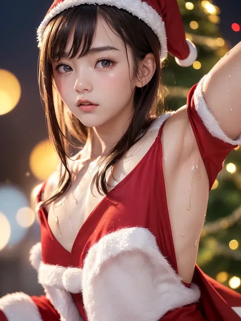 (best quality:1.2), masterpiece, Realistic, Ultra-high resolution, ((a beautiful Japanese idol 12 years old woman:1.2)), (Gaunt:1.3), (((Very flat chest:1.4))), ((Baby Face)), ((wearing red Santa-claus costume:1.4)), ((sleeveless)), (show me your armpit:1....