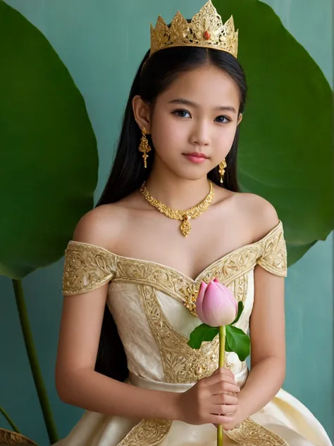 Beautiful 16-year-old princess sitting on a lotus flower，Wear a delicate gold crown.，Beautiful Thai Girl，Squeeze the flower stem with one hand.，The other palm is facing outwards.，Light brown dress，Barefoot on both feet.，Like hibiscus in water.，The corners ...