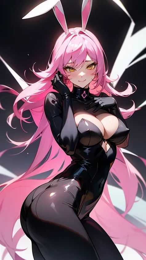 Pink hair girl with yellow eyes, smiling shyly, with a very sexy black bunny suit, very big breasts and big butt, white and thin, The suit has transparent tights that show off her skin from her legs to her beautiful ass., He makes a pose where he takes off...