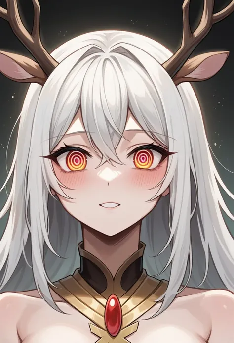 (best quality:1.3), (4k quality),(sharp image), ((Detailed face)), ((masterpiece face)),((perfect detailed eyes)) (blush), 1woman, pale, white hair, deer antlers and bunny ears, wendigo woman, perfect face, highly detailed eyes, masterpiece , (intricate de...