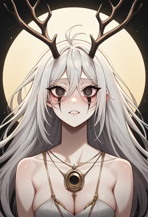 (best quality:1.3), (4k quality),(sharp image), ((Detailed face)), ((masterpiece face)),((perfect detailed eyes)) (blush), 1woman, pale, white hair, deer antlers and bunny ears, wendigo woman, perfect face, highly detailed eyes, masterpiece , (intricate de...