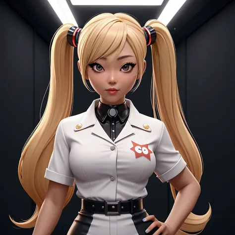 Korean woman with blond hair poses for a photo, HD live wallpaper, Naomi Campbell, like Artgerm, super cute funky black girl, she is about 1-6 years old, from Harley Quinn, gamer theme, wears open white shirt in front, in a neon-lit hallway, screenshot, be...