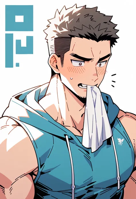 anime characters：Muscle PE teacher, Muscle Sports Student, Manliness, male focus, Sports tight hooded sweatshirt, Very tight, full and perky chest muscles, muscular male, muscular, only, Upper body, alone, Black short hair, Thick eyebrows, stubble, Brown-r...