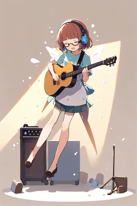 (extremely detailed fine touch:1.3), (((semi-rimless eyewear:1.3))), (headphone:1.2), short hair, blunt bangs, 1 girl, shirt, full body, playing guitar, sing a song, fluttering hair, sweat droplets, spotlight, simple background, 