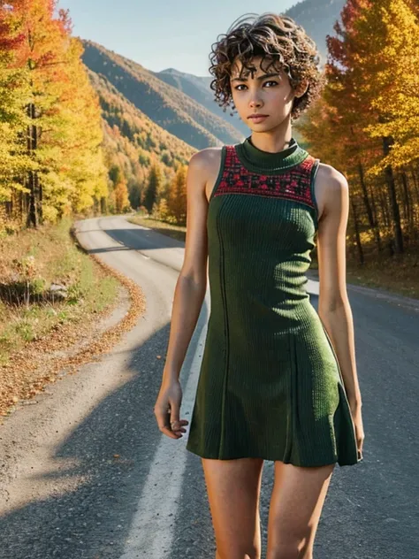 17 year old girl, short hair, extremely curly, Red color, Skinny body, , short dress, green color, mosaic design, shows his losses, bring boot, short socks, two hands, slavic face, freckles on his face, very beautiful , mountainous road, autumn trees,