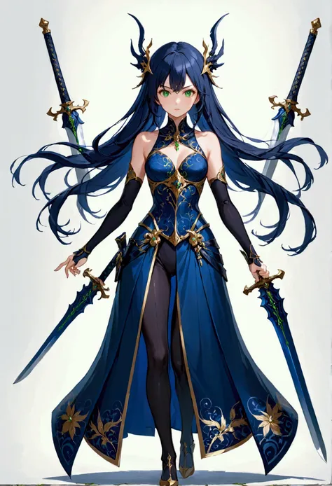 Girl with dark blue hair, green eyes,tall rectangular body figure, mature, holding two swords