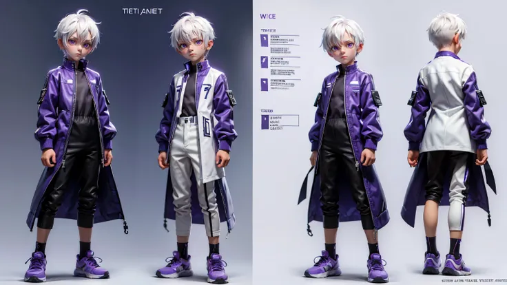 cute face boy, cute face, short height boy, wearing casual futuristic purple  color pent, purple  dress, full standing pose, Fade white  hairs, Fade white  hair style, sports shoes, Character Sheet, 12 yo student, Full body, Simple white background, front ...