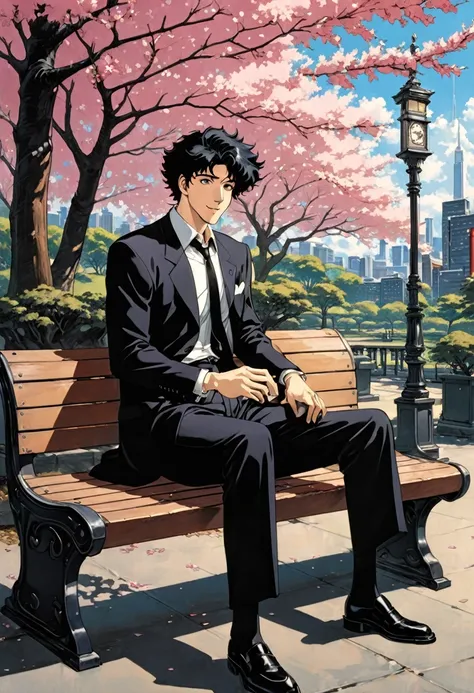 cherry blossom park,a man sitting on a bench, black suit,a loose black tie,black eyes, smile, black hair, 1990s style, (masterpi...