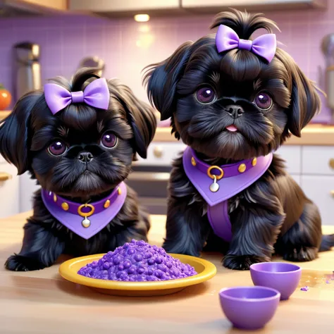 2 small adorable black shih tzu puppies, extremely detailed, wearing purple collars, playing and making a food mess in disney kitchen, 3d cartoon, 3d render, disney pixar style, cute and adorable, highly detailed, colorful, vibrant, soft lighting, warm col...