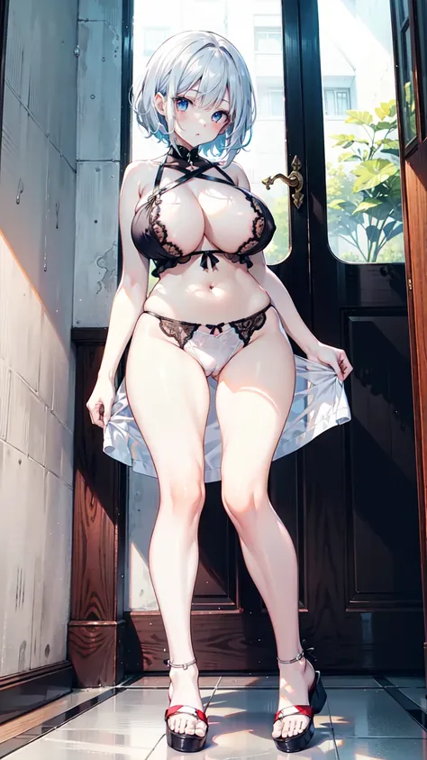 1 female，Attractive anime girl,whole body肖像，whole body，White lingerie，White short hair，Pale skin、Pale skin、Big boobs，较Big ，White sandals，