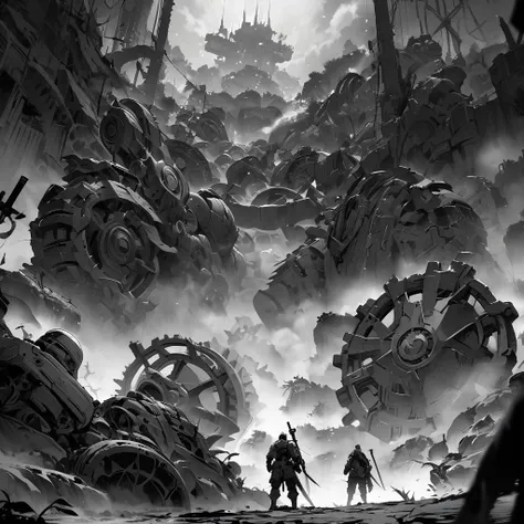 Top quality, masterpiece, high resolution, Monochrome style, lots of giant mechanical gears, night wilderness, fog, lots of swords stuck in the ground