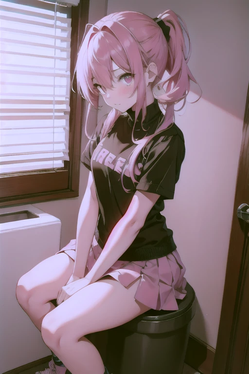 8K,Pink Hair,Pink Eyes,pony tail,skirt,Sit on the toilet,very blushing,