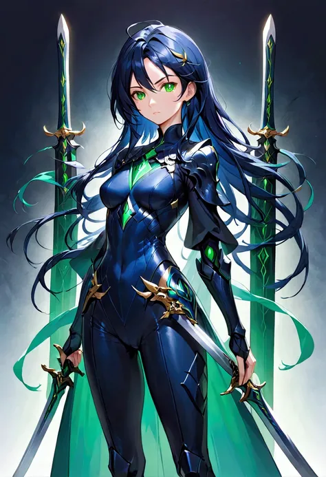 Girl with dark blue hair, green eyes,tall rectangular body figure, mature, holding two swords