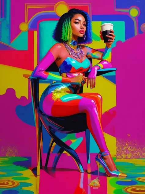 close -up,woman sitting on a chair with a cup of coffee in her hand, in style of nadine ijewere, stylish pose, on a bright day, ...