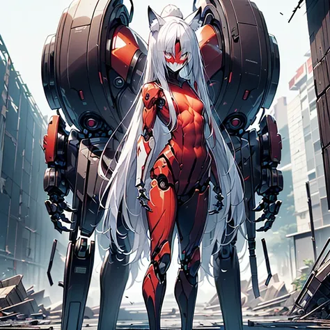 (Fox Girl, Fox Ears, Silver Hair, Fox Makeup, One Girl, Long Hair, Alone on the screen, dark skin, High definition, high resolution:1.6), (mecha musume, Machinery Parts,Robot Joints, White and red clothes, Full body mechanical suit:1.8), (Body measurements...