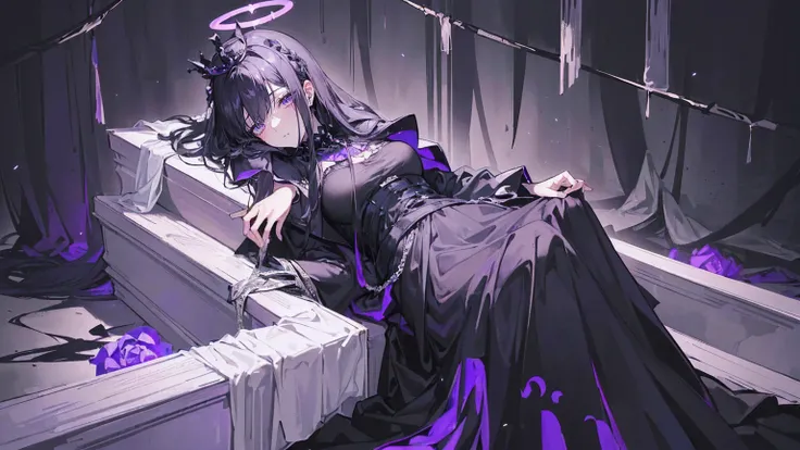 (Super detailed)),((illustration))，((masterpiece)),(((need))),((fine、Highest quality CG Unity 8K wallpapers，masterpiece），（（4K，masterpiece，best quality）），Black hair queen，Waist-length hair，Royal sister，Sexy，Tall figure，Lilac eyes，Sleeping in a coffin，mummy，...