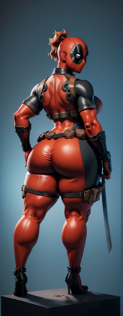 female deadpool, sexy, 3d printed figurine, character design, half naked, busty, ultra thick thighs, huge , huge body, muscular, wide hips, bodybuilder, muscle, sexy suit, full body, full body suit, ultra detailed suit, micro details, deadpool mask on, swo...