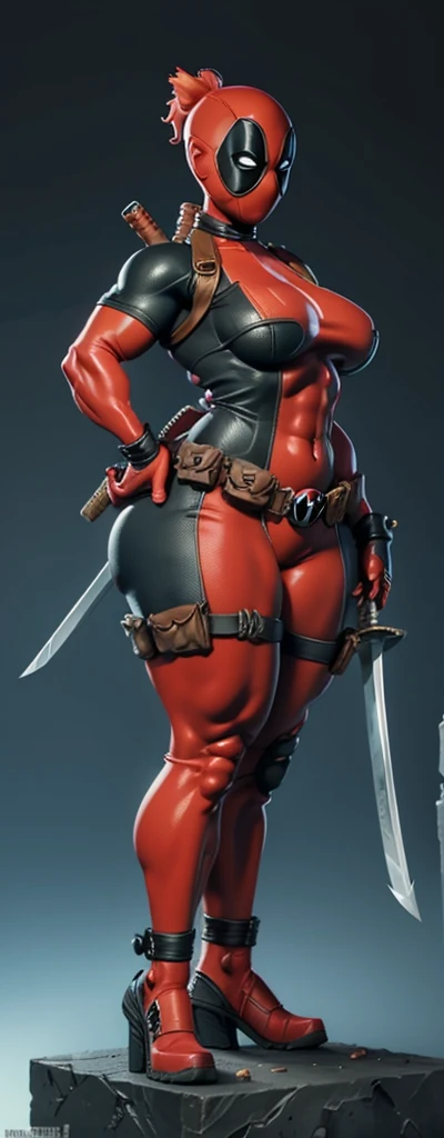 female deadpool, sexy, 3d printed figurine, character design, half naked, busty, ultra thick thighs, huge , huge body, muscular, wide hips, bodybuilder, muscle, sexy suit, full body, full body suit, ultra detailed suit, micro details, deadpool mask on, swo...