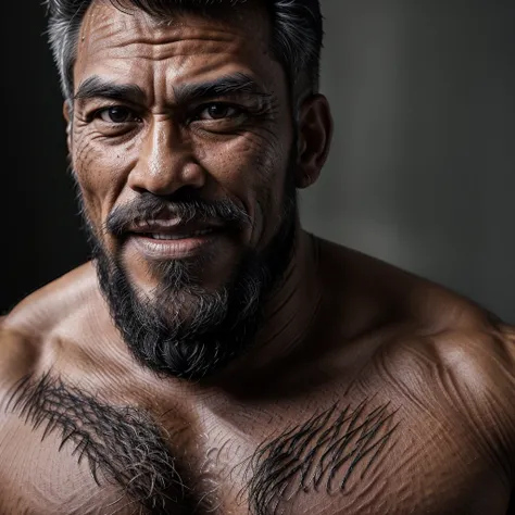 Photo of a Ruggedly Handsome Indonesian Man, Indonesian Hunk, Muscular and Well-built, Distressed Clothes Revealing a Hairy Chest, Groomed Facial Hair and Beard, Ultra-Realistic depiction of Sculpted Muscles, Detailed Veins and Definition, Closeup Shot Cap...