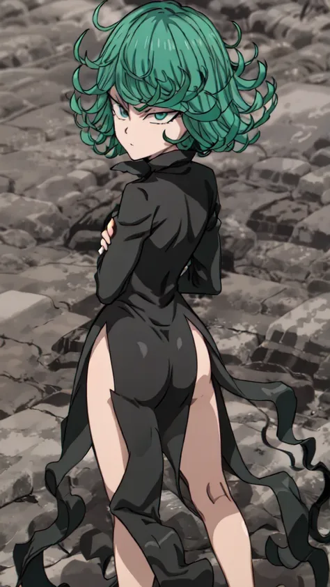 anime art style, tatsumaki from one punch man, green hair, white skin, standing on destroyed city, cinematic lights, blushing ch...