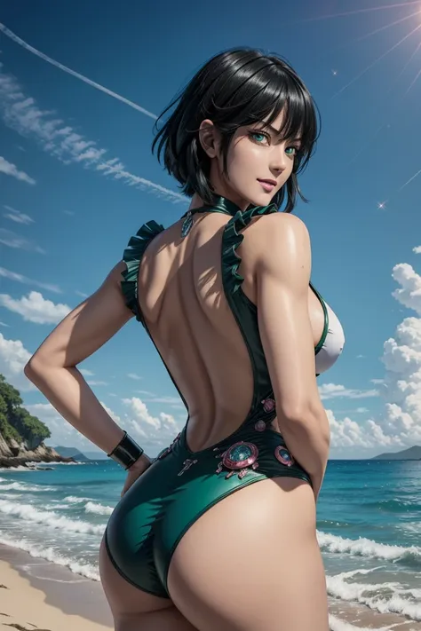 The best one,One Punch Man,Fubuki from Hell,Emerald green eyes,Beautiful black hair,Bangs down,Light green inner hair photorealistic,Ultra HD,high quality,masterpiece,Digital SLR,Detailed details,Intricate details,Anatomical basis,Depicted in detail,A deta...