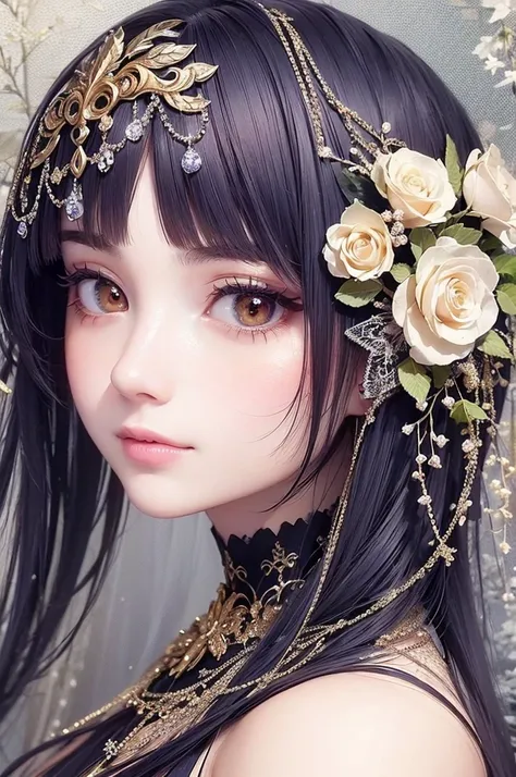 ((best quality)), ((masterpiece)), (detailed), perfect face closeup face of cgi women with many assesories detailed shining flowers on her face