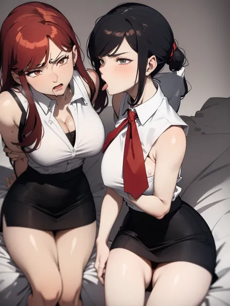 NSFW:1.9. Mature women　Blowjob:2.4　Hardcore:2.4　Anime drawing with vivid colors Tall woman:1.9. White collared sleeveless shirt　Black Skirt　White underwear boobs　Big breasts, sweat, troubled face, glaring, wrinkled brow, tears, super super flushed cheeks, ...