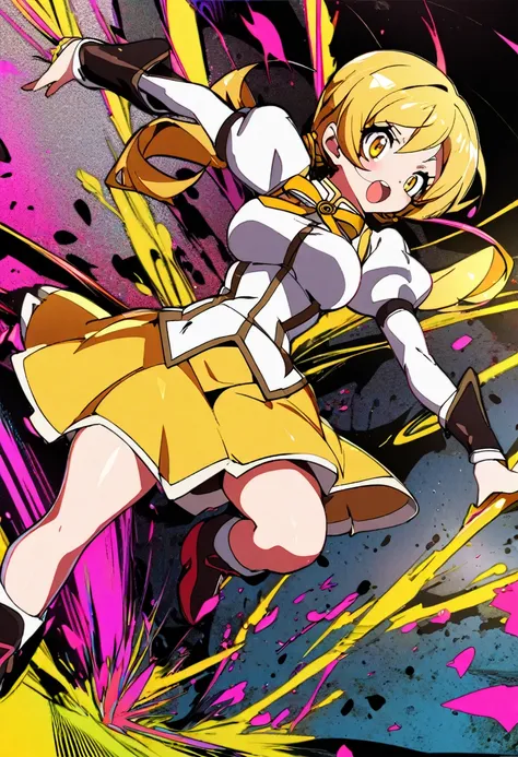 1girl, tomoe mami, mahou shoujo madoka magica,saturated colors, anime style, magical girl transformation,masterpiece, best quality, absurdres,