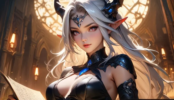 masterpiece, Best quality, 1 girl,photo, Studio photography, from the waist up, upper body, close-up of a woman with white hair and a horned face, dark Elf princess, beautiful dark Elf countess, Diablo 4 queen, 4k fantasy art, Diablo 4 Lilith, 8K fantasy a...