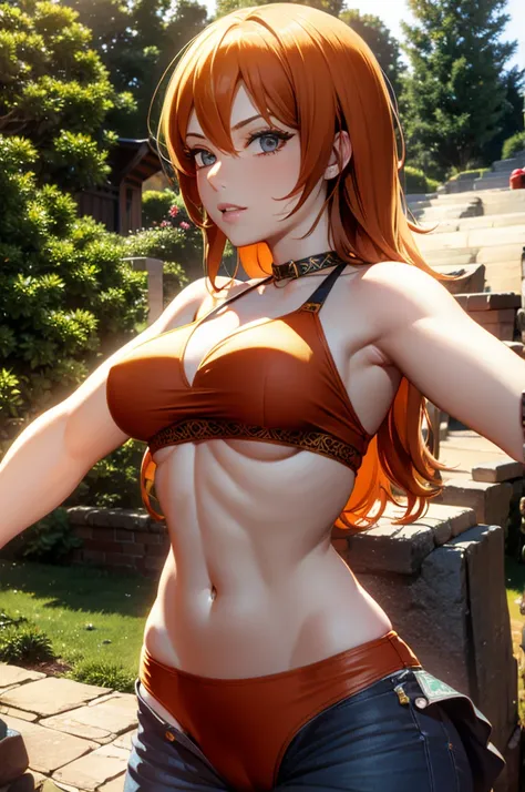 A beautiful anime style woman with perfect body, slim waist AND FIRM BREASTS, orange hair, wearing a bikini, highly detailed, masterpiece, 8K, photorealistic, elegant, dynamic pose, intricate details, vibrant colors, dramatic lighting, ORANGE TREES IN back...