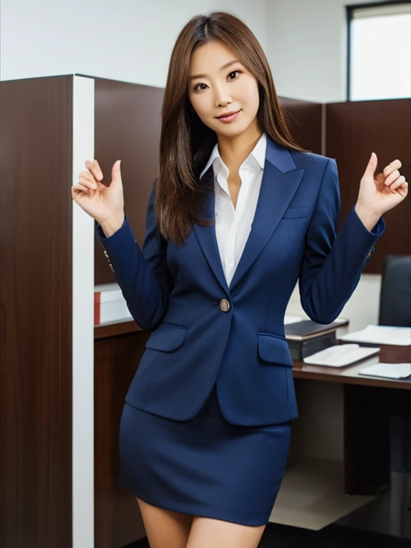 high-quality 4k, one woman, full body image, well-proportioned face, beauty, a japanese woman is standing in an office suit, a m...