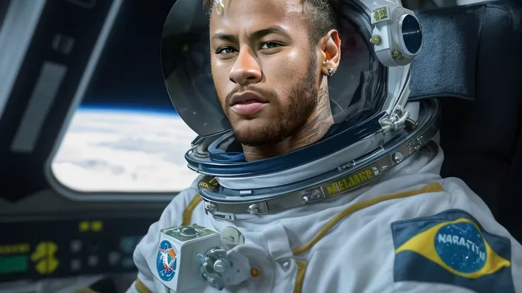 Neymar in a white astronaut costume inside the spacex spacecraft, sitting in the control cabin, has a Brazilian flag on the shoulder of his astronaut costume