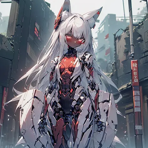 (Fox Girl, Fox Ears, Silver Hair, Fox Makeup, One Girl, Long Hair, Alone on the screen, dark skin, High definition, high resolution:1.6), (mecha musume, Machinery Parts,Robot Joints, White and red clothes, face以outside全身機械スーツ:1.8), (Body measurements are 7...