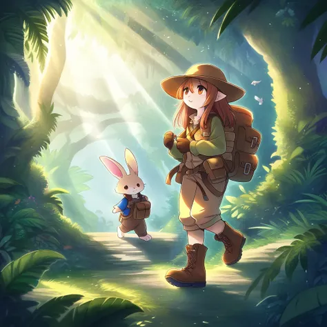 ((Masterpiece)), ((Best Quality)), (Very Detailed), ((Very Detailed)), 4K, (8K), very aesthetic, absurdres highres, 1 girl, (anthropomorphic Rabbit, furry, kemono:1.5), Adventurer, a jungle illuminated by the sunrise. A quiet and peaceful atmosphere, with ...