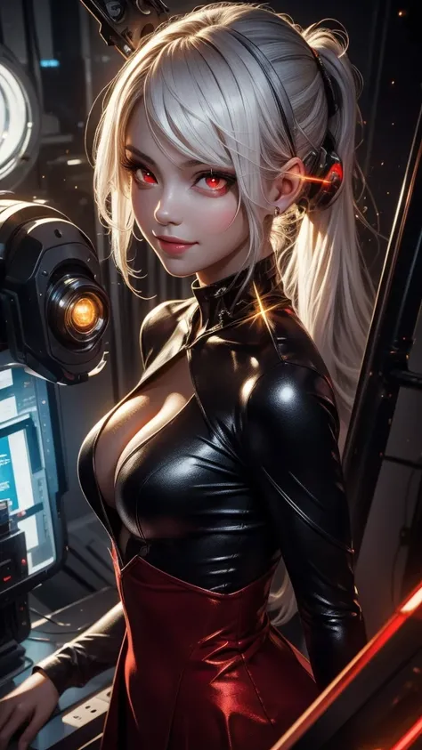 Close-up waist-up portrait of Cinderella reimagined in a cyberpunk setting, (white hair), (pony tail), (red eyes:1.5), modern dress infused with holographic elements. She exhibits a seductive and charming demeanor, with eyes that hold a mesmerizing look. T...