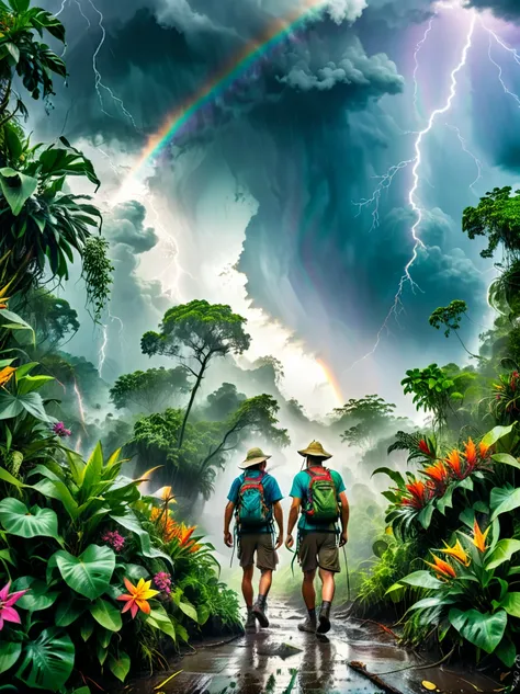 Show a shocking picture，Scenic jungle adventure landscape，The storm is raging，Cloudy sky，The plants are dense，Gloomy sky，heavily clouded，Lightning streaked by，A male hiker battles bad weather.，He is walking through the jungle，Brave the Storm，Demonstrates o...