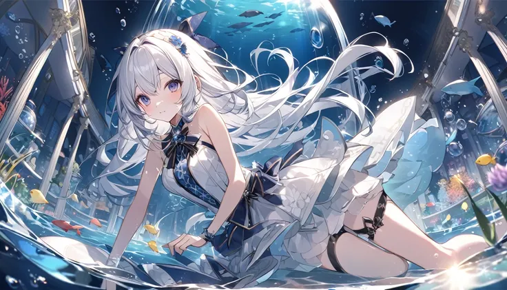 mysterious。White Hair Girl。Detailed Background。An underwater glass dome casino、White Hair Girlが周囲の魚たちを眺めながらブラックジャックを楽しんでいるシーン。