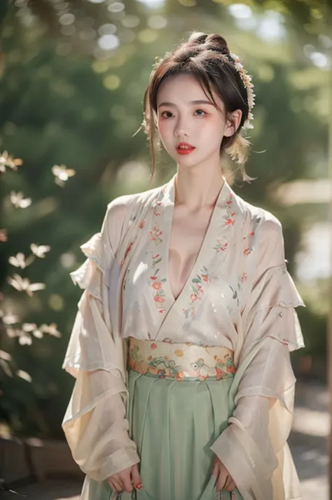 ((best quality, 8ก, Masterpiece: 1.3)), Point of interest: 1.2, perfect body beauty: 1.4, bottom: 1.2, ((Layered haircut)), (Wet clothes: 1.1), (rain, road:1.3), (chest: 1.2), (Hanfu: 1.2), bare shoulders, Bare legs, Highly detailed facial and skin texture...