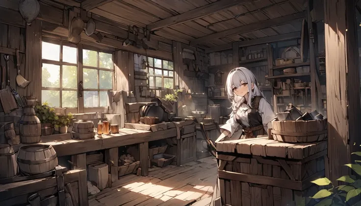 mysterious。White Hair Girl。Detailed Background。White Hair Girlが鍛冶職人と話しながら新しい剣を選んでいるシーン。The scene of a blacksmith&#39;s shop with sparks flying unfolds.。