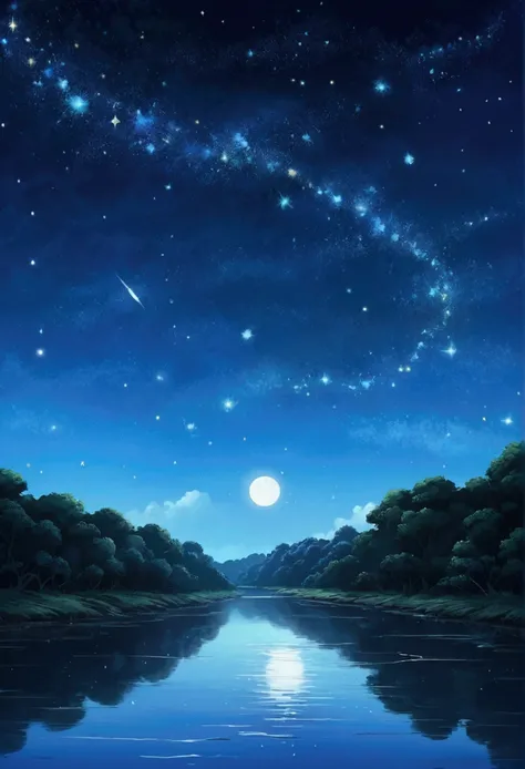 Painting of a river with stars and moon floating in the sky, Concept art inspired by Mitsuoki Tosa, pixiv Contest Winner, Highest quality, Fantasy art, Beautiful anime scene, Bright Moon, 月明かりとStarry Skyの環境, Dream Painting, Anime Background Art, Fantasy La...