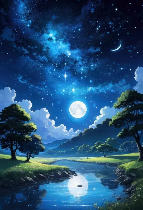 Painting of a river with stars and moon floating in the sky, Concept art inspired by Mitsuoki Tosa, pixiv Contest Winner, Highest quality, Fantasy art, Beautiful anime scene, Bright Moon, 月明かりとStarry Skyの環境, Dream Painting, Anime Background Art, Fantasy La...