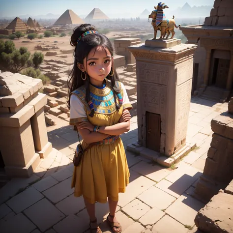 Cute ancient Egyptian 15 year old girl、A hill overlooking the colorful temples of ancient Egypt、A colorful view of the whole city、whole body、Low - Angle、Standing posture