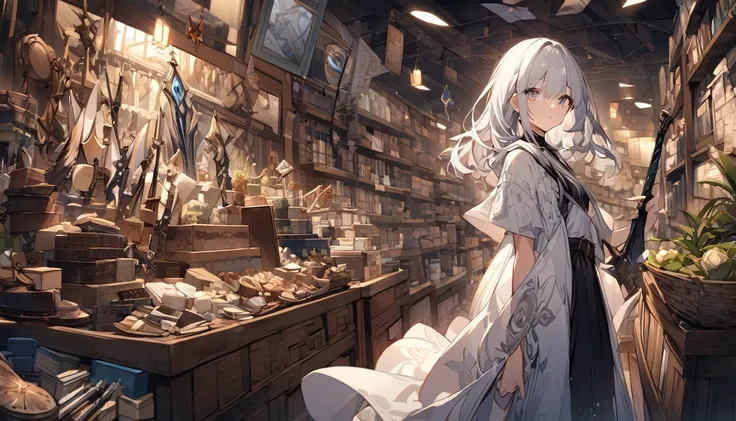 mysterious。White Hair Girl。Detailed Background。At a store selling magical weapons、White Hair Girlが光り輝く杖を手にしているシーン。The strange sights inside the store are impressive。