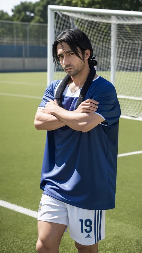 (Highest quality)), ((masterpiece)), (detailed),The background is the ground、A towel is wrapped around his neck、Soccer Coach、A man around 35 years old、A man with waist-length black hair tied back、Wearing a blue uniform、Eye color is a calm blue、Location: So...