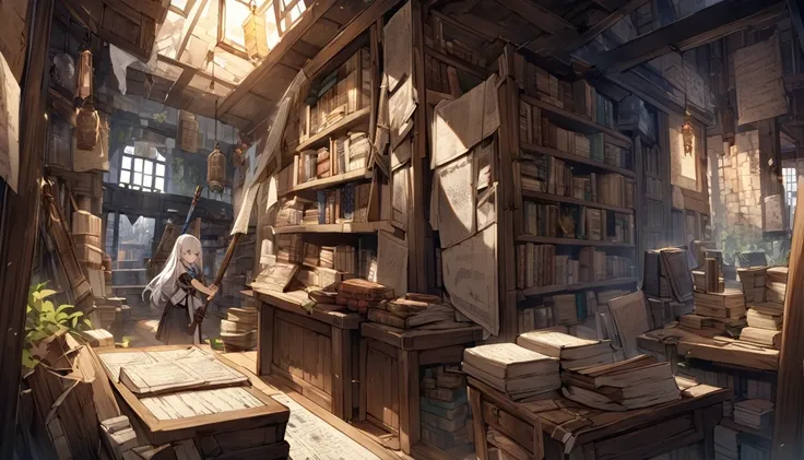 mysterious。White Hair Girl。Detailed Background。At a weapon shop renovated from an ancient ruin、White Hair Girlが歴史的な武器を手に取っているシーン。The atmosphere inside the store, decorated with ancient documents, is appealing。