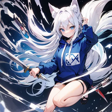 Fox girl,blue eyes,hoodie,long white hair,tail,holding a kitchen knife