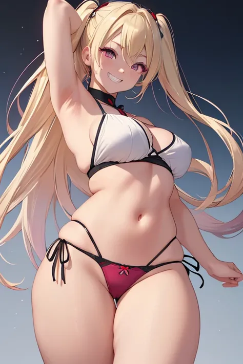 Realistic、masterpiece, 1house wife、blonde hair、twin tail, red eyes, (eye focus:1.3,face focus),(Gradient eyes:1.3),(sexy panties)、open mouth,(grin:1.3),forehead,cute face、((Thick thighs、Beautiful thighs)), A condescending gaze on the viewer,((Raise your ar...