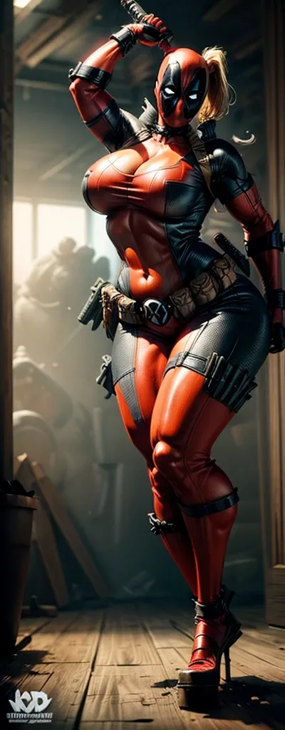 female deadpool, sexy, 3d printed figurine, character design, half naked, busty, ultra thick thighs, huge cleavage, huge body, muscular, wide hips, bodybuilder, muscle, sexy suit, full body, full body suit, ultra detailed suit, micro details, deadpool mask...