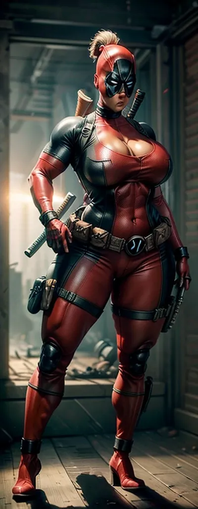 female deadpool, sexy, 3d printed figurine, character design, half naked, busty, ultra thick thighs, huge cleavage, huge body, muscular, wide hips, bodybuilder, muscle, sexy suit, full body, full body suit, ultra detailed suit, micro details, deadpool mask...